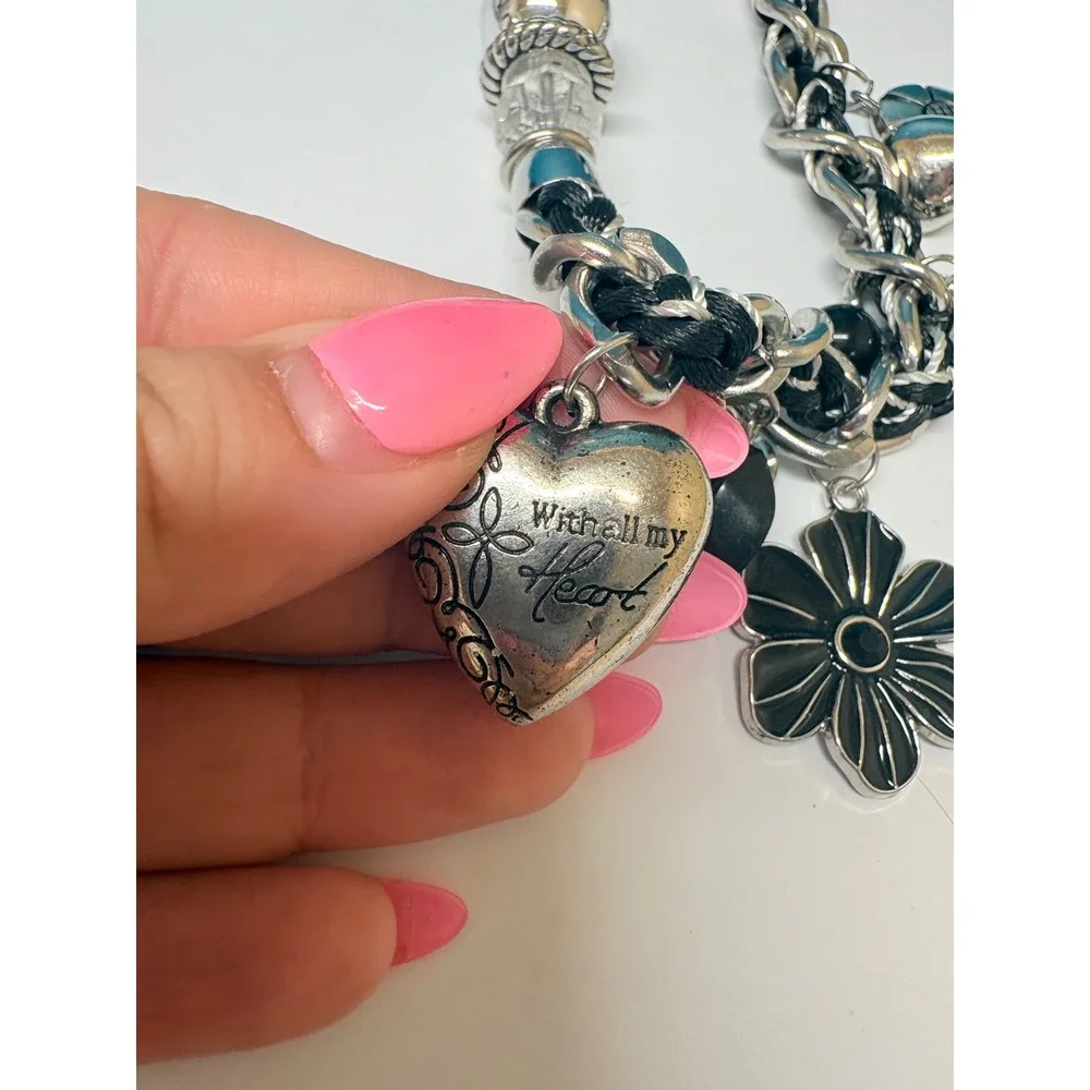 Chunky Silver Black Woven‎ Chain Charm Choker Necklace Heart Flower Y2K Grunge